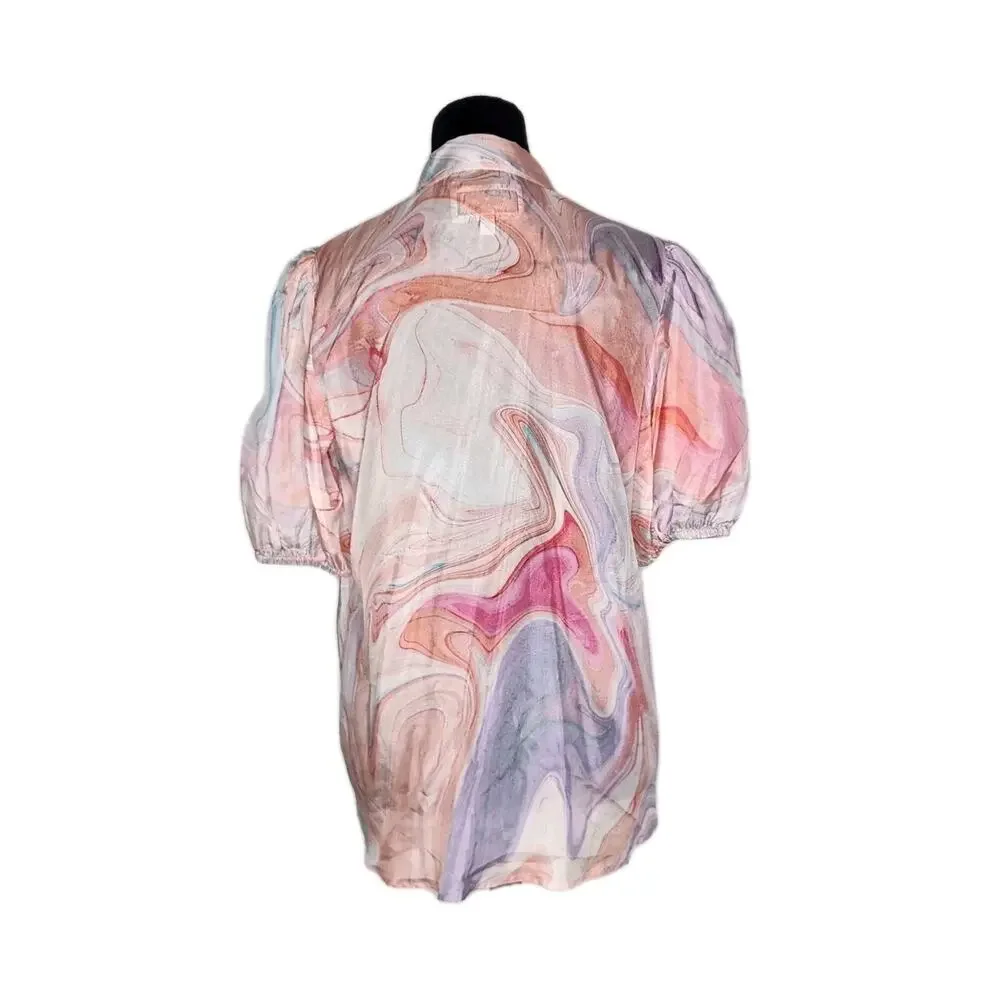 Johnny Was Silk Blouse Size S Pink Multicolor Marble Swirl Print Puff Sleeve